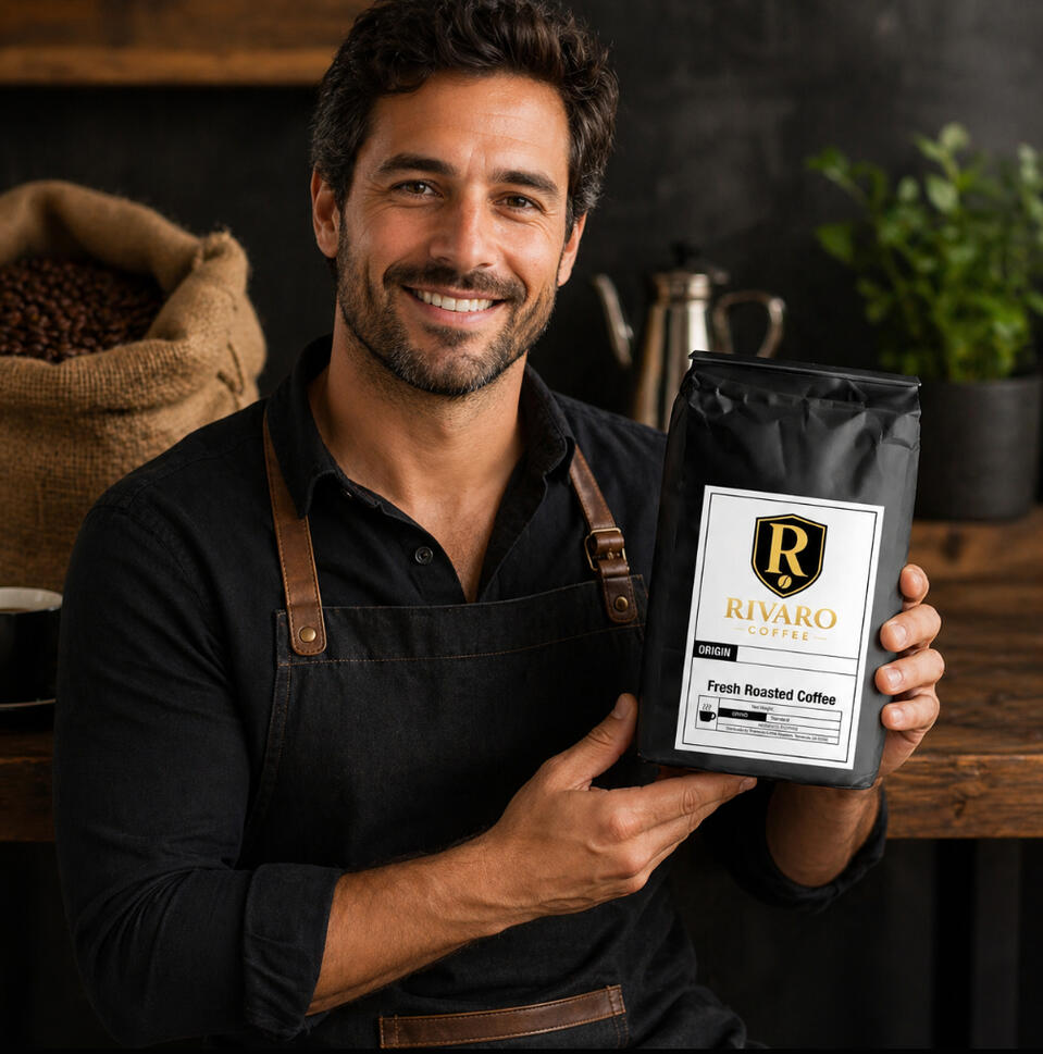 Rivaro Coffee Rivaro Coffee Employee holding a bag of Rivaro Coffee