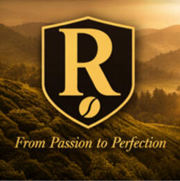 Rivaro Coffee Logo Rivaro Coffee Crest with R in Creset and Rivaro Coffee fields in the background.